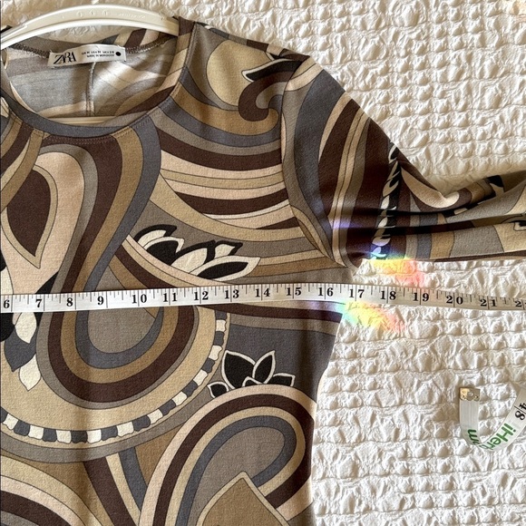 Zara Retro Abstract Print Midi Dress M Brown Gray Long Sleeve Stretch Jersey EUC - Picture 10 of 11